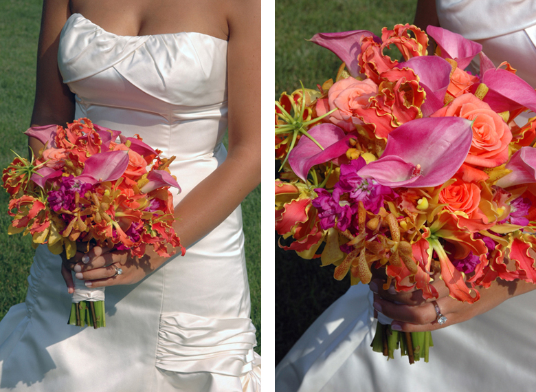 A tropical wedding bouquet consisting of coral roses, fuchsia calla lilies, yellow-spotted orchids, reddish-orange glorious irises and fuchsia sweet peas.
