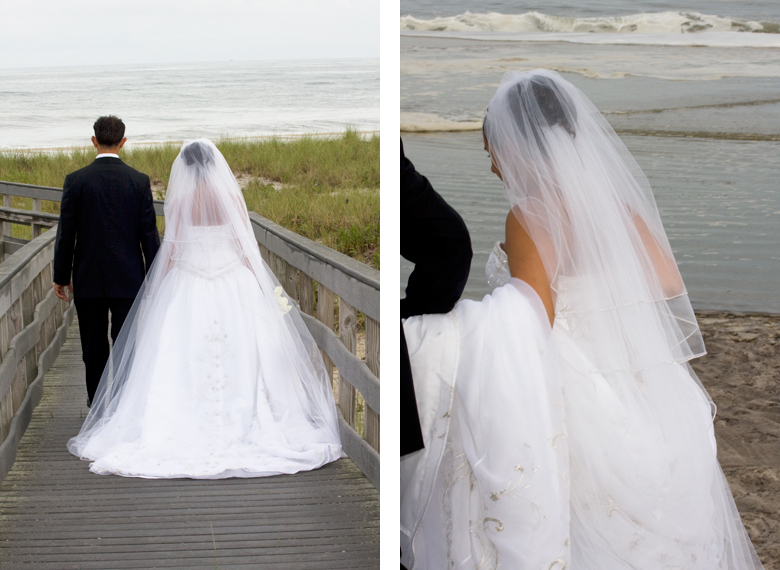 bride and groom walking near a beach