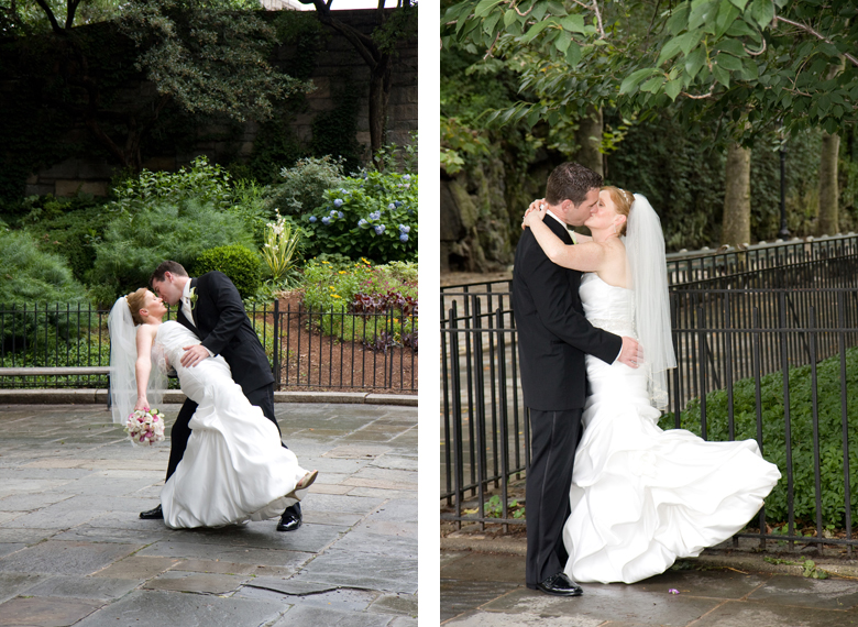 A bride and groom kissing in Central Park. A groom dips his bride in Central Park.