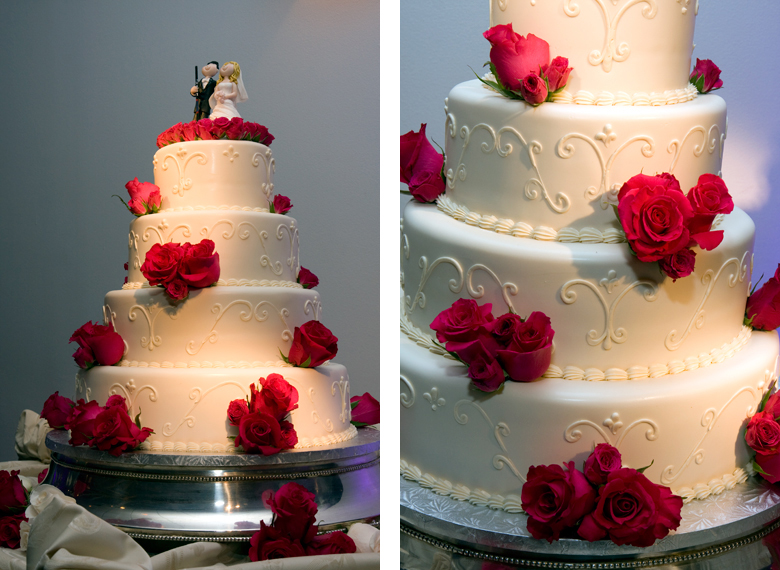 wedding cake with hot pink roses